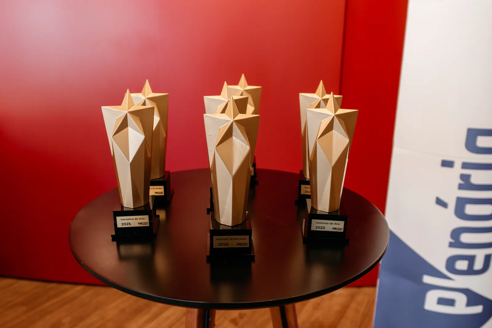 Troféus do Prêmio dos Melhores Profissionais de Intercâmbio sobre a mesa